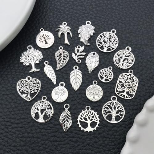 WOCRAFT 60pcs Bright Silver Tree Leaf Charms Bracelet Charms for Jewelry Making Sets DIY Necklace Bracelet Keychain Crafting Charms Kit Craft Supplies (SN891) - color: Bright Silver, size: Tree Leaf Charms