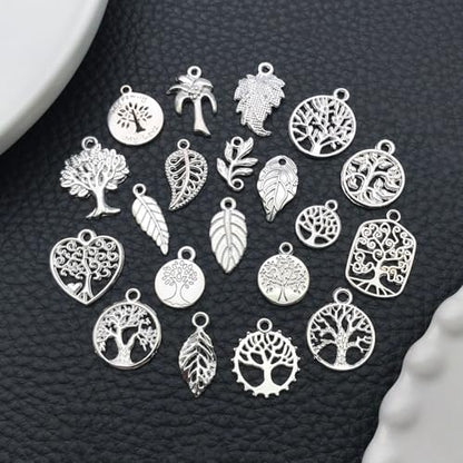 WOCRAFT 60pcs Bright Silver Tree Leaf Charms Bracelet Charms for Jewelry Making Sets DIY Necklace Bracelet Keychain Crafting Charms Kit Craft Supplies (SN891) - color: Bright Silver, size: Tree Leaf Charms