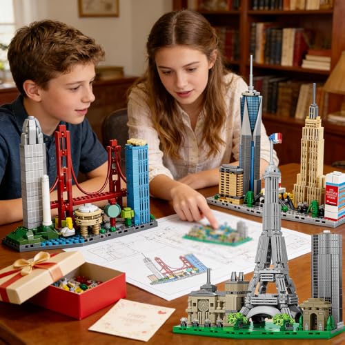 3 Famous World Architecture Skyline Collection Building Set, Paris, New York City, San Francisco Includes Golden Gate Bridge, Eiffel Tower etc, Ideal Valentine's Day Gift for Lover(1648PCS) - style: 3 Skyline-1