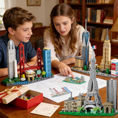 3 Famous World Architecture Skyline Collection Building Set, Paris, New York City, San Francisco Includes Golden Gate Bridge, Eiffel Tower etc, Ideal Valentine's Day Gift for Lover(1648PCS) - style: 3 Skyline-1