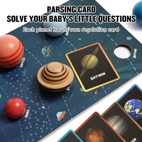 Wooden Solar System Model Board，Kids Solar System with Astronauts ，Montessori Planet Toys,Educational Planets Balls,Preschool Learning Puzzle，Space Knowledge Flash Cards Learning Toys for Kids