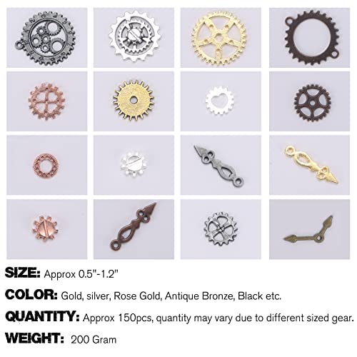 BigOtters 150PC Steampunk Gear Charms, 5 Colors Mixed Metal Cog Pendants