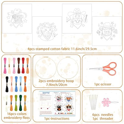 BEUNITONE 4 Set Embroidery Kit for Beginners, Animal Cowboy Patterns Cross Stitch Kits, Needlepoint Kits for Adults with Hoop, Cute Hand Embroidery Patterns for Cloth and Home Decor - style: A-Cowboy Animals