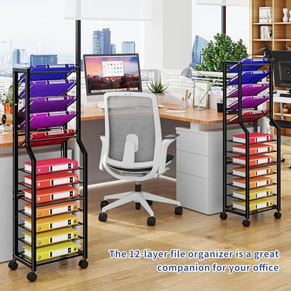 Simple Trending 12 Tier Rolling File Cart, Desk File Organizer with Sliding Trays and Metal Mesh Paper Letter Storage Multi Functional Rolling Clutter Cart for Office, Home, School, Black - style: 12 Tier-Black