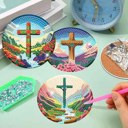 8 Pcs Diamond Art Coaster Kit for Adult with Holder, Diamond Coasters 4x4in - color: Cross Coasters-A, size: 8 Pcs 4x4in