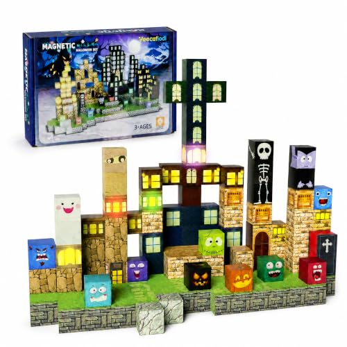 Veecafiodi Halloween Magnetic Building Blocks with Lights, 137PCS Magnetic Blocks STEM Construction Set for Kids Ages 4-8, Spooky Building Toy, Birthday Gift for Boys Girls - color: Multicolor