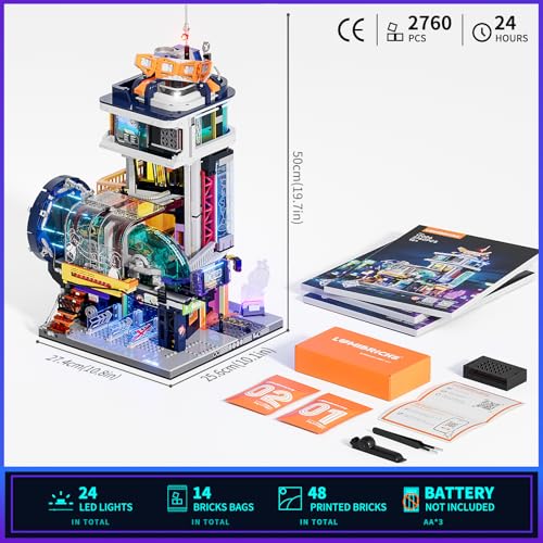 Lumibricks Cyberpunk Floating-Train-Station Lighting Building Set, 2760 Pcs