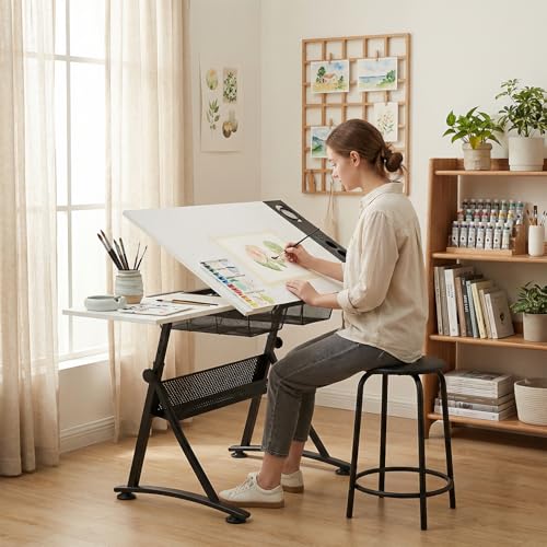 Magshion Drafting Table for Adults w/Stool, White - color: White & Black