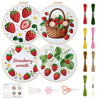 BEUNITONE 4 Set Strawberry Embroidery Kit for Adult Beginners 7.9"x7.9" DIY Stamped Needlepoint Kits with Pre-Printed Designs, Complete Handmade Embroidery Craft for Relaxing Hobby and Home Decor - style: B-Strawberry