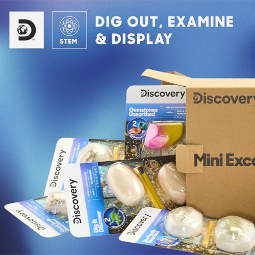 Discovery Mini Excavation Kit 8-Pack, STEM Science Dig Kit with 16 Hidden Discoveries, Genuine Gemstones, Shark Teeth, Dinosaur Fossils & Glow Dinosaur Figures, Dig & Discover Toy for Kids Ages 6+