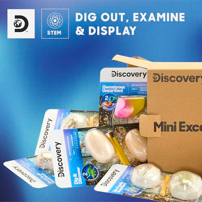 Discovery Mini Excavation Kit 8-Pack, STEM Science Dig Kit with 16 Hidden Discoveries, Genuine Gemstones, Shark Teeth, Dinosaur Fossils & Glow Dinosaur Figures, Dig & Discover Toy for Kids Ages 6+