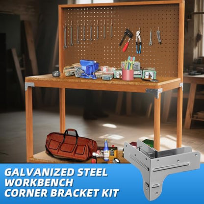 Workbench and Shelving Hardware Kit - Galvanized Steel Workbench Bracket Kit - 8PCS Workbench Brackets with 100 Upgraded 201 SS Screws - 2x4 Workbench Kit for Custom Size Table - Fits 1.5"x3.5" Lumber