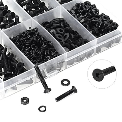 HELIFOUNER 560 Pieces M3 x 5mm /6mm /8mm /10mm /12mm /16mm /20mm, Countersunk Head Socket Cap Screws Bolts Washers Nuts Kit, 10.9 Grade Alloy Steel, Full Threaded, Black - size: M3, style: Countersunk Head