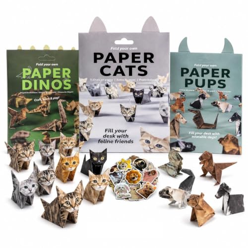 Paper Cats Origami Kit for Adults – Origami Cats, Dogs & Dinosaurs with 135 Sheets + 60 Cat Stickers | Japanese Paper Craft Set | Mindful Creative hobby & Gift for Cat Lovers, Beginners and Hobbyists