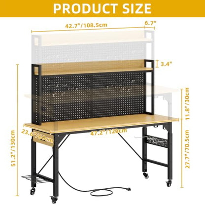 DWVO 48in Adjustable Rolling Workbench Heavy Duty with Pegboard & Wheels - size: 48" Workbench w/Pegboard