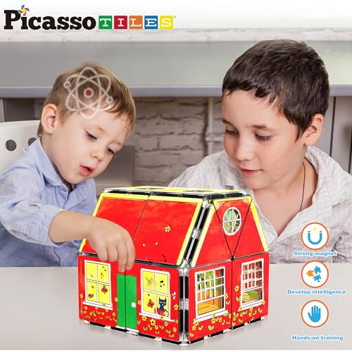 PicassoTiles Magnetic Tiles Pete the Cat Home Theme Building Blocks Double Sided Printing Toddler Magnet Toys Education STEM Learning Kit Construction Brain Development Preschool Kid Game Boy Girl 3+ - style: Pete the Cat Double House
