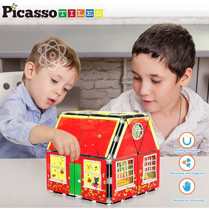 PicassoTiles Magnetic Tiles Pete the Cat Home Theme Building Blocks Double Sided Printing Toddler Magnet Toys Education STEM Learning Kit Construction Brain Development Preschool Kid Game Boy Girl 3+ - style: Pete the Cat Double House
