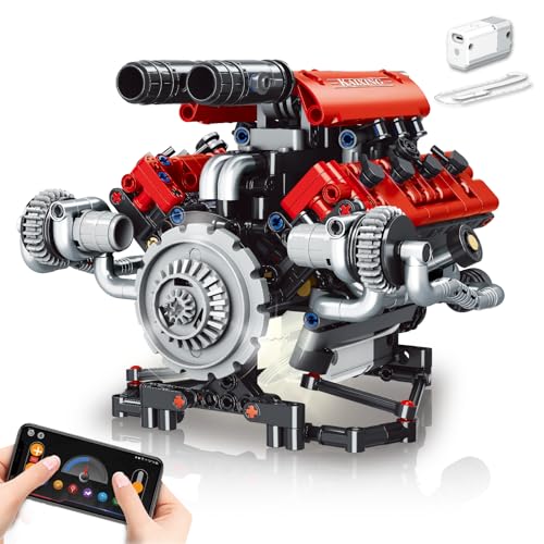 OWNONE 1 V8 Engine Model Kit that Work - 8-Cylinder Visible Engine Building Blocks Set with Motor, LED Light & APP Control - Build Your Own Engineering Kit, STEM Project for Adults & Kids (660 PCS) - color: Red