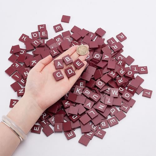 INFUNLY 400 Pcs Wooden Letter Tiles Red Scrabble Tiles with 2 Pouchs A-Z Capital Letters for Making Alphabet Coasters Letter Replacement Pieces for Spelling Scrapbooking Crossword Domino Crafts
