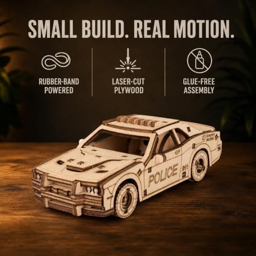 EWA Eco-Wood-Art Pocket Police Car - 3D Wooden Puzzle Mechanical Model Kit DIY Wood Construction Set