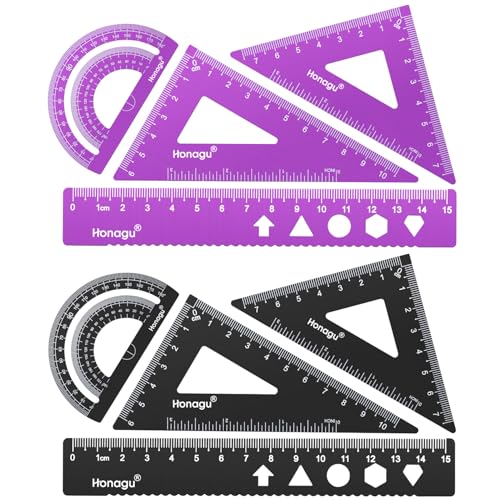 Honagu Triangular Ruler Set, 2 Sets/8 Pieces Aluminum Alloy Ruler, Metal Drafting Ruler, Geometric Protractor for Students, Draftsmen, Engineers, School Office Supplies(15cm/5.9inches, Purple+Black) - color: Purple+Black
