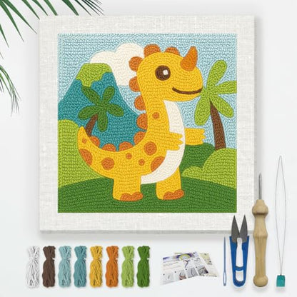 DOODLREAM Cartoon Dinosaur DIY Punch Needle Embroidery Kit for Adult Beginner, 9.4" Dinosaur Animal Punch Stitching Craft Set for Starter with Frame, Fabric Pattern, Threader, Yarn, Pinch Needle - color: Dinosaur