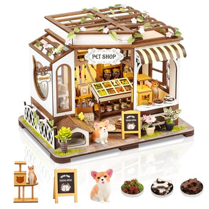 Pet Shop DIY Miniature House Kit, Wooden Dollhouse with LED for Adults - style: Pet Shop