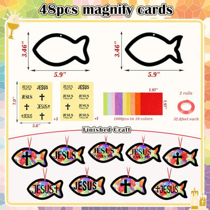 Renbuzhu 48PCS Sunday School VBS Crafts Bulk: Paper Jesus Fish Nativity Suncatchers, Religious Christian Activity DIY Kits Church Decorations, Window Stained Glass Effect Art Supplies - style: jesus fish