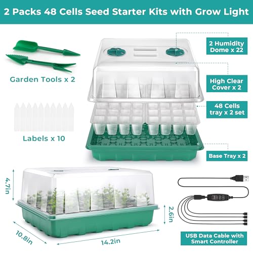 Hanaoyo 96 Cells Seed Starter Tray with Lights, 2 Packs Seed Starter Kit with Humidity Vented Domes and High Lid, Adjustable Brightness Germination Kit for Indoor Greenhouse Seed Starter - size: 2 Pack With Light