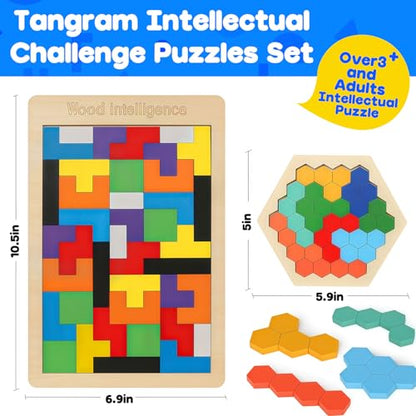 4 Pack Wooden Hexagon Puzzle, STEM Logic IQ Travel Game for Kids Adults - style: Puzzle Set- 4 Pack