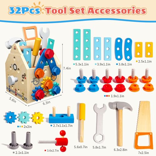 Wooden Toddler Tool Bench with Construction Tools, Screws, Gears & Latches - color: Variedness