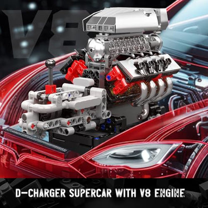 Mould King 10225 V8 Engine Model Kit that Works - Car Engine Building Blocks Kit with Battery, STEM Mechanic Engineering Construction Set, Collection Model Gift for Adults(855 PCS)