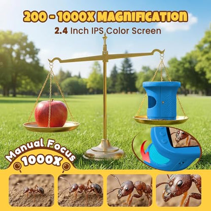 Handheld Digital Mini Microscope for Kids: 1000X 4K 2.4" Microscopes Toys - color: Blue
