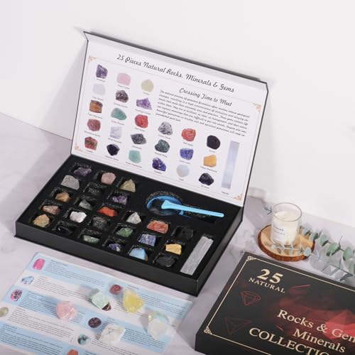 Rock Collection for Kids, 25PCS Crystal Gem Mineral Collection Set Box Gift for Boys and Girls, Natural Gemstone with Learning Guide Education Set