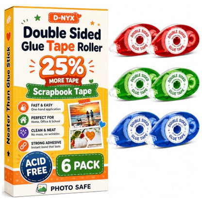 D-NYX 6 Pack Double Sided Tape Roller, Scrapbook Supplies, Double-Sided Adhesive Tape Runner for Scrapbooking, Glue Tape Roller for Crafts, School Office Journaling Supplies - size: 6 Pack
