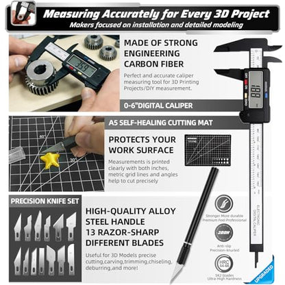 76pcs 3D Printer Tools Kit for Model Finishing/Deburring/Drilling/Polishing, 3D Printer Accessories incl. Flush Cutter, Pilers, Digital Caliper, for Bambu Lab, Flashforge, K2, FDM/SLA Printers etc - style: Master 3D Box