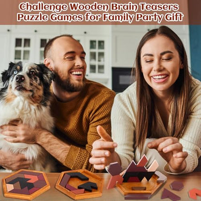 12 Pack Wooden Hexagon Tangram Puzzles Brain Teaser Logic Game