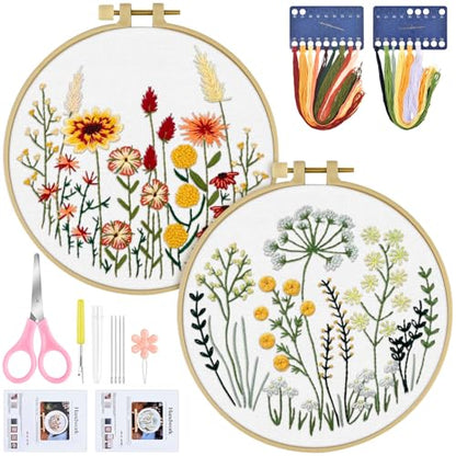 ERKOON Embroidery Kit for Beginners Adult, 2 Set Flower Cross Stitch Set Include Embroidery Cloth Hoops Threads for Craft Lover Hand Stitch with Embroidery Skill Techniques (Flowers and Plants) - color: Flowers and Plants