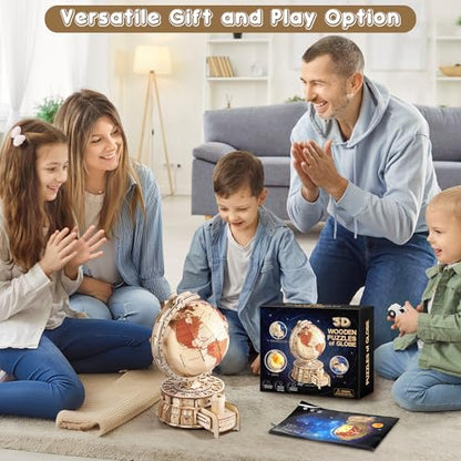 Elcoho 189-Piece 3D Wooden Globe Puzzle for Adults - 24 x 22 x 35cm Illuminated Globe DIY Model Kit with Stand Built-in LED Music Starry Projector Slide Box Stem Gifts for Adults/Teens