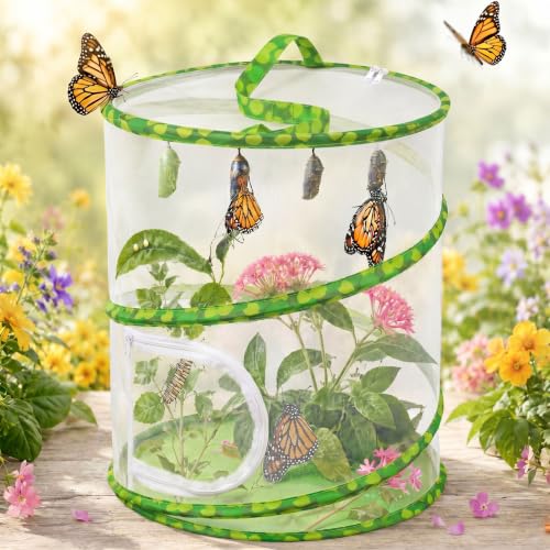 Pop-Up Collapsible Butterfly Cage with Dual Zipper Doors, 12"x12"x14" - color: Yellow and Green