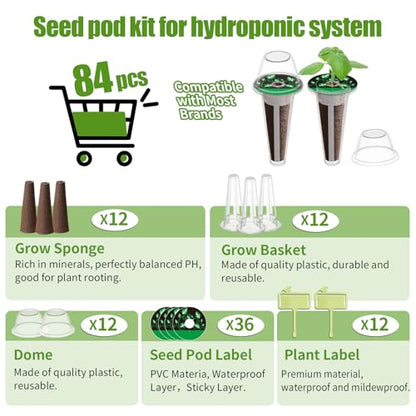 84 pcs Hydroponic Pod Kit for Aero Garden with 12 Grow Baskets, 12 Grow Sponges, 12 Grow Domes, 12 Plant Labels and 36 Seed Pod Label Stickers for All Hydroponics Garden Growing System