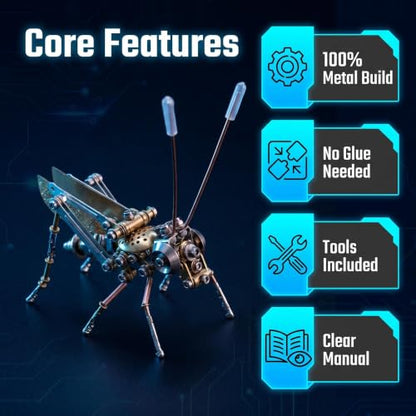 Steampunk Cricket 3D Metal Puzzle Model – 160+ Pcs Mechanical Screw Assembly Kit Level 3/5 3 Hrs Build No Glue Desk Ornament Birthday for Father Husband(Cricket) - style: Cricket