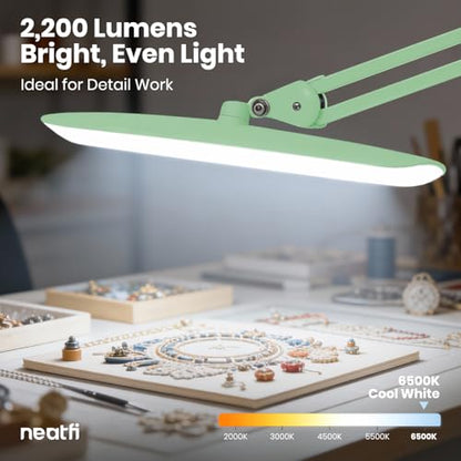 Neatfi XL 2200 Lumens 24W LED Desk Lamp – Shadow-Free Task Lighting | 4-Level Dimming | Home Office & Crafts Use | 20-Inch Wide Head (Midnight Green, Non-CCT with Clamp) - color: Midnight Green, size: Non-CCT with Clamp