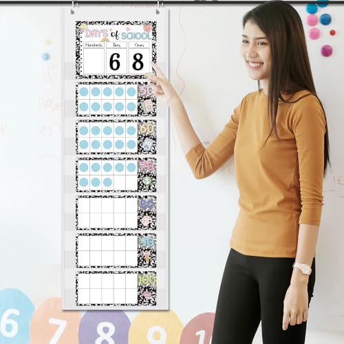 Funrous Days of School Pocket Chart Number of The Day Countdown Posters Back to School Composition Book Countdown Bulletin Board Decor Hundreds Tens Ones Place Value Chart Cards for Classroom Home - style: Composition