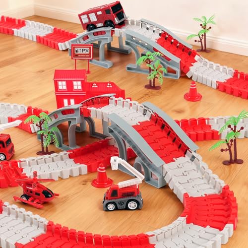 GIAT Race Car Track Toy for Kids - Birthday Gift for Boys Ages 3 4 5 6 7 Year Old, Flexible DIY Playset with Helicopter and Fire Truck, 330+ PCS Interactive Set - color: Red Fire Station Race Tracks Set