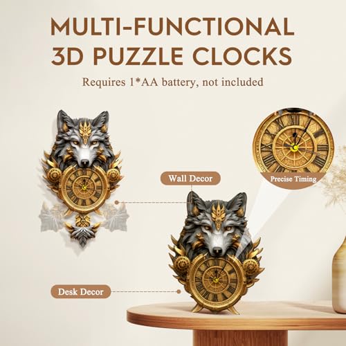 3D Puzzles for Adults Wooden Wolf Puzzle Clock Adult Crafts - color: Wolf Clock