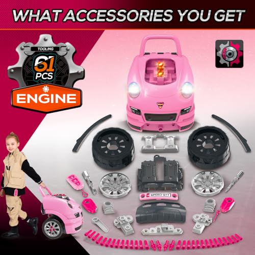 Qaba Truck Engine Toy Kids Mechanic Set with Lights for Kids Aged 3+ Pink - color: Pink