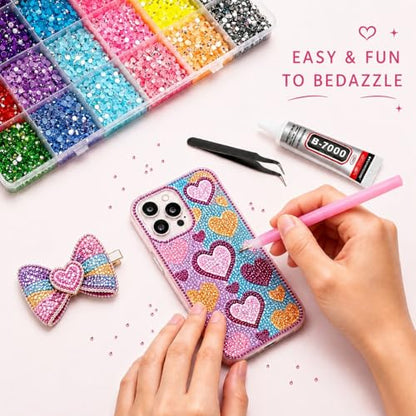48000 Pcs Resin Rhinestones Kit for Crafts, 48 Colors 3mm Flatback Jelly Gems with 5 B7000 Glue, Dotting Pens, Tweezers & Trays, Bedazzling Kit for Nails, Tumblers, DIY Crafts