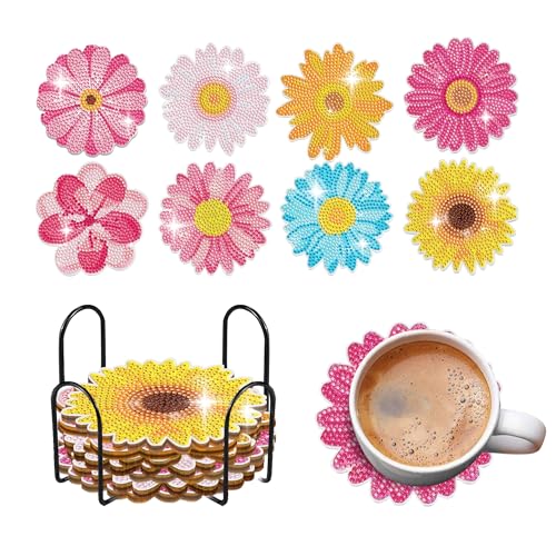 8 Pcs Flowers Shaped Diamond Painting Kits, Diamond Painting Kits with Holder Flowers, Diamond Art Coasters for Beginners Adults - Perfect Art Craft Supplies Gift!… (Flowers) - color: Flowers