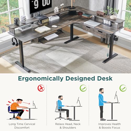 RedLemon 75x60 Inches L Shaped Electric Standing Desk, Dark Rustic Oak - color: Dark Rustic Oak, size: 75"X60"